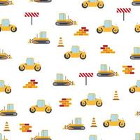 Cute childish seamless pattern with yellow car dump truck, crane, concrete mixer. Construction site illustration in cartoon style vector