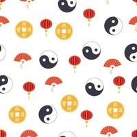 Chinese seamless pattern with feng shui chinese coin with hole, yin-yang, fan, paper lantern vector