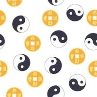 patrón chino sin costuras con moneda china feng shui con agujero, símbolo yin yang vector