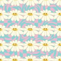 Retro Smile Chamomile Seamless Pattern on 1970 Wavy Swirl Seamless Pattern. Hippie Aesthetic. vector