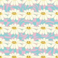 Retro Smile Chamomile Seamless Pattern on 1970 Wavy Swirl Seamless Pattern. Hippie Aesthetic. vector