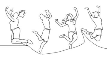 continuous line drawing of four jumping happy team members vector