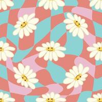 Retro Smile Chamomile Seamless Pattern on 1970 Wavy Swirl Seamless Pattern. Hippie Aesthetic. vector