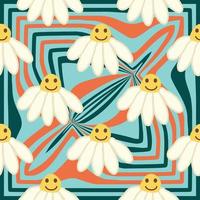 Retro Smile Chamomile Seamless Pattern on 1970 Wavy Swirl Seamless Pattern. Hippie Aesthetic. vector