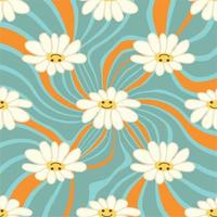 Retro Smile Chamomile Seamless Pattern on 1970 Wavy Swirl Seamless Pattern. Hippie Aesthetic. vector