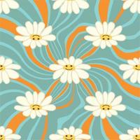 Retro Smile Chamomile Seamless Pattern on 1970 Wavy Swirl Seamless Pattern. Hippie Aesthetic. vector