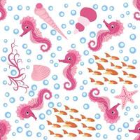 Seahorse and starfish seamless pattern. Sea life summer background. Cute sea life. Design for fabric and decor vector