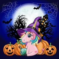 lindo unicornio de dibujos animados con sombrero de bruja púrpura, con calabazas, poción o escoba, personaje de fiesta de halloween vector