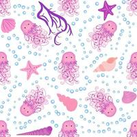 Seamless pattern with detailed transparent jellyfish. Childish seamless pattern with cute hand drawn fishes and jellyfishes in doodle style. Trendy nursery background vector