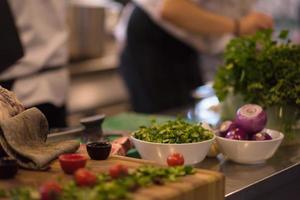 chef hand serving vegetable salad photo