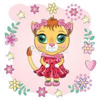 Cartoon lioness in a beautiful dress with bows and flowers. Girl character, wild animal with human traits vector