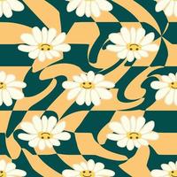 Retro Smile Chamomile Seamless Pattern on 1970 Wavy Swirl Seamless Pattern. Hippie Aesthetic. vector