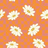 Retro Smile Chamomile Seamless Pattern on 1970 Wavy Swirl Seamless Pattern. Hippie Aesthetic. vector