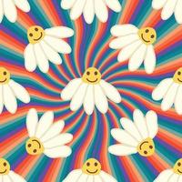 Retro Smile Chamomile Seamless Pattern on 1970 Wavy Swirl Seamless Pattern. Hippie Aesthetic. vector