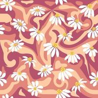 Groovy daisy retro seamless pattern. Retro Smile Chamomile Pattern on 1970 Hippie Aesthetic. vector