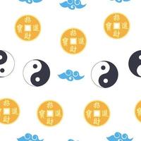 patrón chino sin costuras con moneda china feng shui con agujero, símbolo yin yang vector