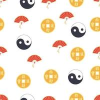 Chinese seamless pattern with feng shui chinese coin with hole, yin-yang, fan, paper lantern vector