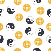 patrón chino sin costuras con moneda china feng shui con agujero, símbolo yin yang vector