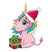 Cute cartoon unicorn in santa hat with gift, christmas ball, candy kane. New Year and Christmas holiday vector