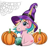 lindo unicornio de dibujos animados con sombrero de bruja púrpura, con calabazas, poción o escoba, personaje de fiesta de halloween vector