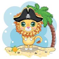 pirata león, personaje de dibujos animados del juego, gato animal salvaje con un pañuelo y un sombrero de tres picos con una calavera, con un parche en el ojo. personaje con ojos brillantes vector