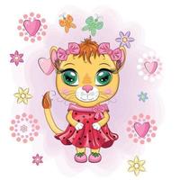 Cartoon lioness in a beautiful dress with bows and flowers. Girl character, wild animal with human traits vector