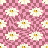 Retro Smile Chamomile Seamless Pattern on 1970 Wavy Swirl Seamless Pattern. Hippie Aesthetic. vector