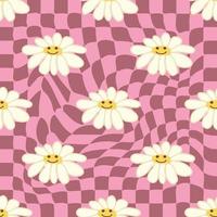 Retro Smile Chamomile Seamless Pattern on 1970 Wavy Swirl Seamless Pattern. Hippie Aesthetic. vector