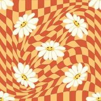 Retro Smile Chamomile Seamless Pattern on 1970 Wavy Swirl Seamless Pattern. Hippie Aesthetic. vector