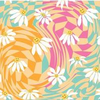 Groovy daisy retro seamless pattern. Retro Smile Chamomile Pattern on 1970 Hippie Aesthetic. vector