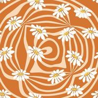 Groovy daisy retro seamless pattern. Retro Smile Chamomile Pattern on 1970 Hippie Aesthetic. vector