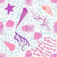 Seamless pattern with detailed transparent jellyfish. Childish seamless pattern with cute hand drawn fishes and jellyfishes in doodle style. Trendy nursery background vector