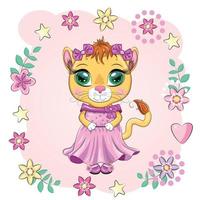 Cartoon lioness in a beautiful dress with bows and flowers. Girl character, wild animal with human traits vector