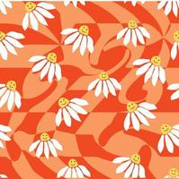 Groovy daisy retro seamless pattern. Retro Smile Chamomile Pattern on 1970 Hippie Aesthetic. vector