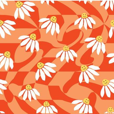 Groovy daisy retro seamless pattern. Retro Smile Chamomile Pattern on 1970 Hippie Aesthetic.