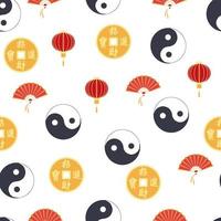 Chinese seamless pattern with feng shui chinese coin with hole, yin-yang, fan, paper lantern vector