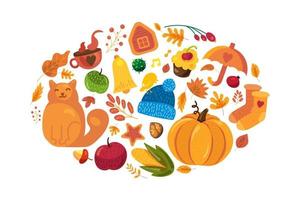 Cartoon autumn background, fall symbols on white vector