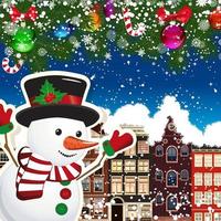 Snowman on the background of snow-covered streets. New Year design background. Falling snow.  Holiday illustration with place for text. vector