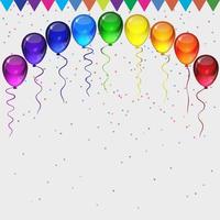 Birthday party vector background - realistic transparency colorful festive balloons, confetti, ribbons flying for celebrations card in isolated white background with space for you text.