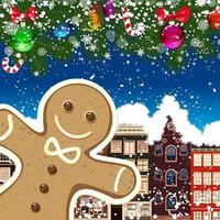 Gingerbread man on the background of snow-covered streets. New Year design background. Falling snow.  Holiday illustration with place for text. vector