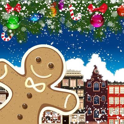Gingerbread man on the background of snow-covered streets. New Year design background. Falling snow.  Holiday illustration with place for text.