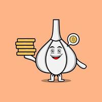 Cute cartoon Garlic holding in stacked gold coin vector