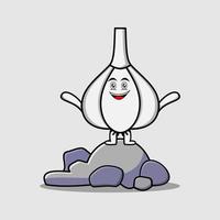 lindo personaje de dibujos animados de ajo de pie en piedra vector