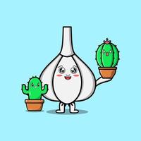 Cute cartoon Garlic holding Garlic plant in pot vector