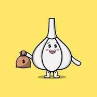 Cute cartoon Crazy rich Garlic with money bag vector