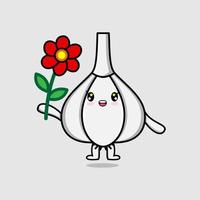 lindo personaje de dibujos animados de ajo con flor roja vector