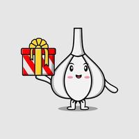 Cute cartoon Garlic character holding gift box vector