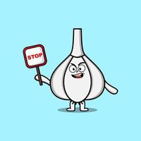 Cute Cartoon mascot Garlic with stop sign board vector