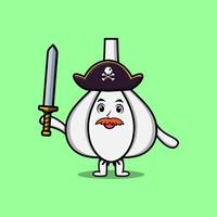 Cute cartoon mascot Garlic pirate holding sword vector