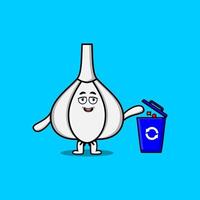 Cute cartoon Garlic throwing trash in the trash vector